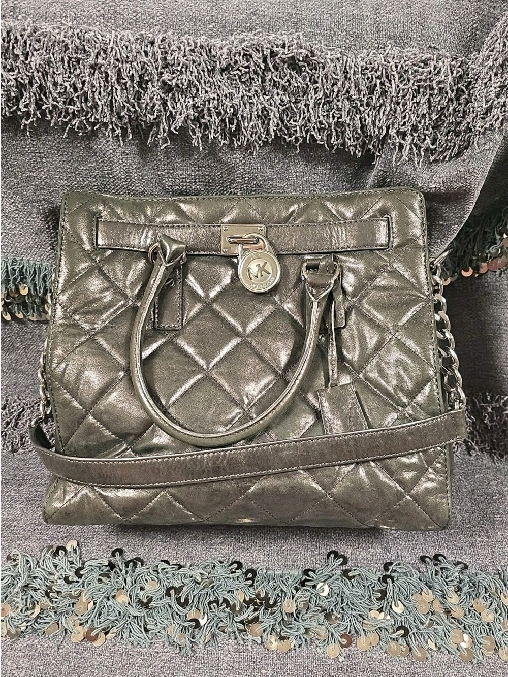 Michael Kors Quilted Leather Satchel in Metallic Gray